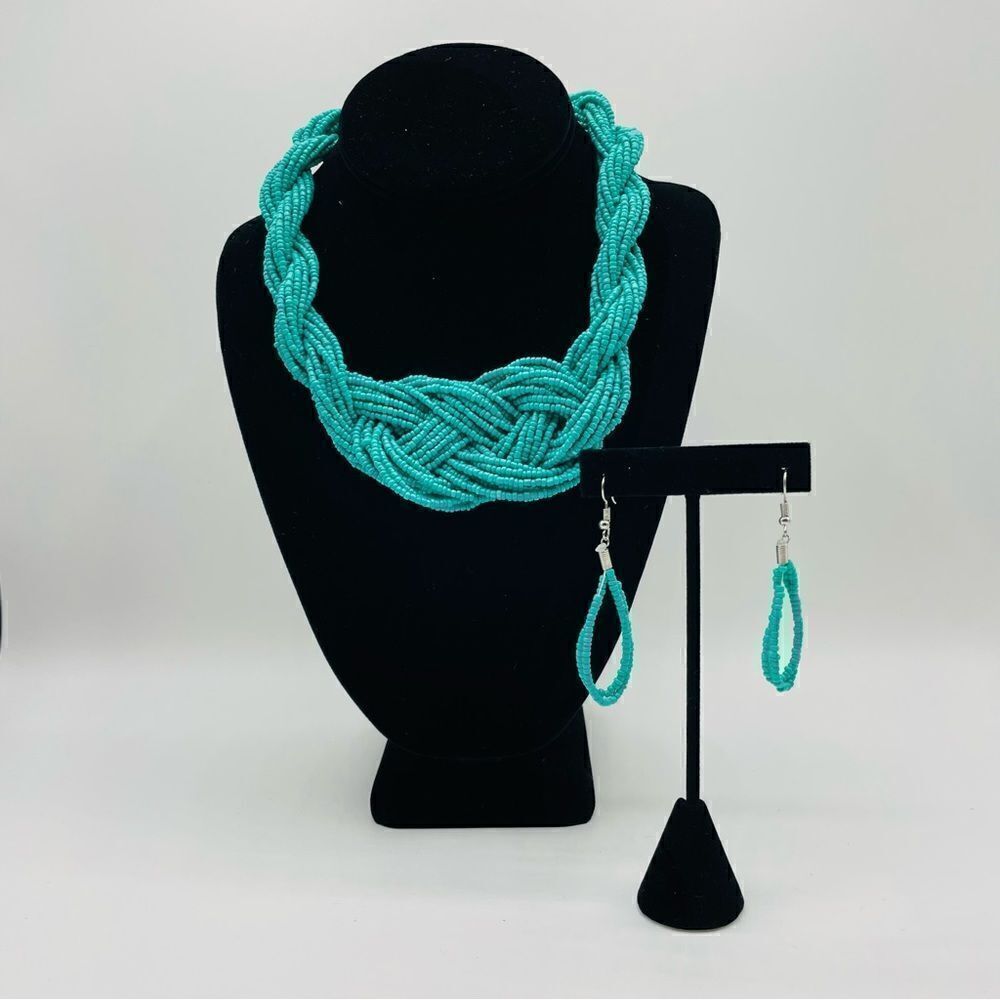 Turquoise Beaded Braided Multi Strand Necklace and Earring Set
